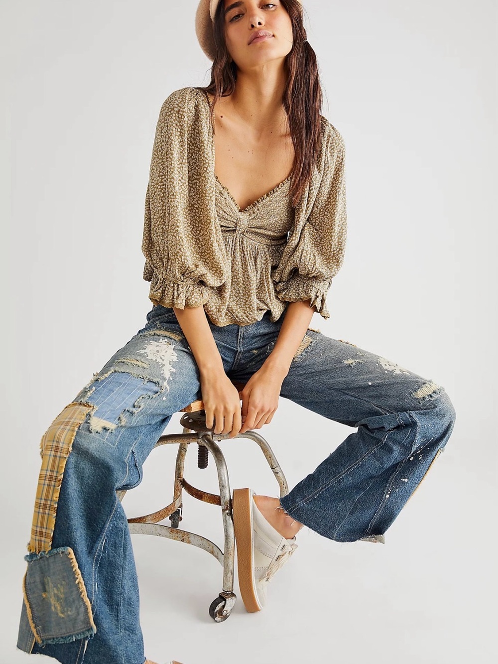 NWT XL Free People brown Babydoll Brittnee blouse top shirt BEAUTIFUL!! Boho
